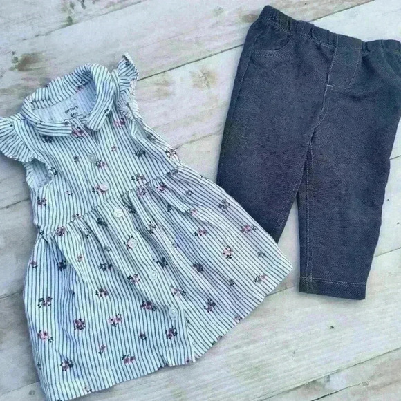 Carter's Baby Girl Floral Stripe Ruffle Button Top With Blue Pants Size 6 Months - Picture 1 of 7